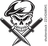 skull wearing military beret with crossed combat knifes
