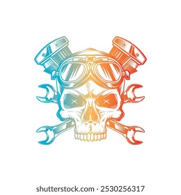 Skull wearing motorcycle goggles against a background of wrenches and an engine. Original vector illustration in vintage style isolated on white background. T-shirt design. Hand drawn, not AI