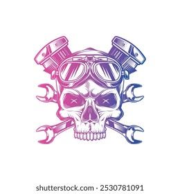 Skull wearing motorcycle goggles against a background of wrenches and an engine. Original vector illustration in vintage style isolated on white background. T-shirt design. Hand drawn, not AI