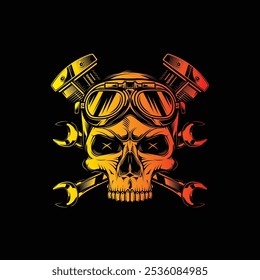 Skull wearing motorcycle goggles against a background of wrenches and an engine. Original vector illustration in vintage style isolated on black background. T-shirt design. Hand drawn, not AI