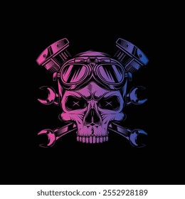 Skull wearing motorcycle goggles against a background of wrenches and an engine. Original vector illustration in vintage style isolated on black background. T-shirt design. Hand drawn, not AI