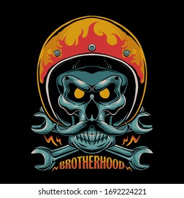 Skull wearing motorcycle helmet vector illustration. Brotherhood motorcycle. 