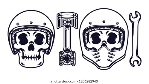 skull wearing a motorcycle helmet with a white background. vector illustration