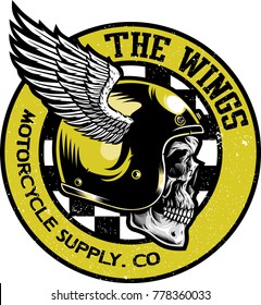 skull wearing motorcycle helmet and wings emblem vector illustration