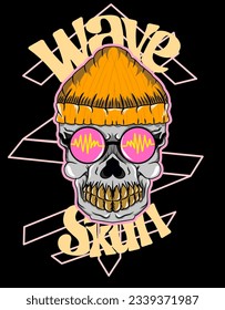 a skull wearing an orange beanie and round glasses with the symbol as the background and the inscription wave skull for a clothing brand