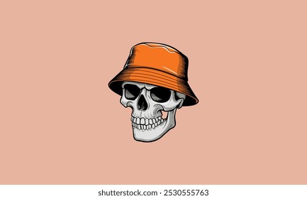 Totenkopf mit orangefarbenem Eimerhut, minimalistisches Design.