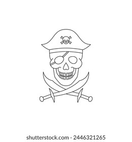 A skull wearing a pirate hat and with crossed sabers. Line art style icon.