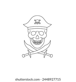 A skull wearing a pirate hat and  crossed sabers. Line art style icon.