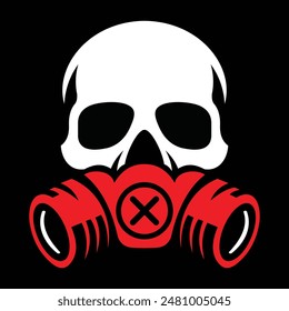 Skull wearing poison mask logo colors used red for danger, black and white for high visibility