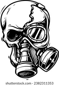 skull wearing radiation mask Black and White Vector Illustration