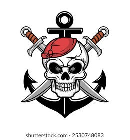 A skull wearing a red beret is flanked by crossed swords and positioned above an anchor.