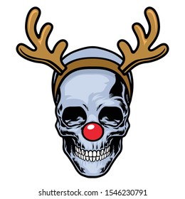 skull wearing red nose and reindeer headband
