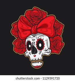 Skull wearing red ribbon muerte style.