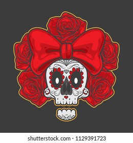 Skull wearing red ribbon muerte style