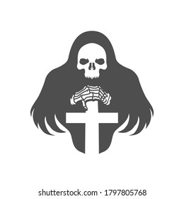 a skull wearing a robe holding a cross. vector illustration. black and white 