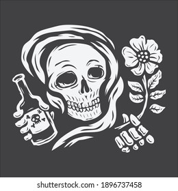 skull wearing a robe holding flower and bottle vector illustration.