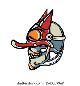 Skull wearing robot mask vector illustration. Skull half robot side view. Japanese oni mask robot