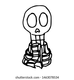 Skull wearing scarf. Hand drawn illustration. Isolated on white background.