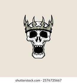 skull wearing a sharp crown, Detailed vector illustration, combining gothic and horror themes. Perfect for streetwear designs, t-shirts, or dark themed merchandise apparel