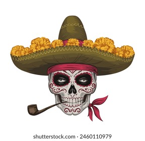 A skull wearing a sombrero and a bandana with a pipe in its mouth. The skull has a sinister look and Mexican vibe. Vector illustration isolated for tshirt, apparel print. Hand made, not AI