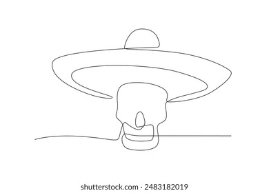 Skull wearing a sombrero hat. Mexican culture concept one-line drawing