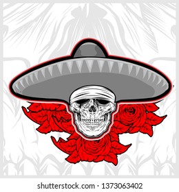 skull wearing sombrero hat mexico with rose