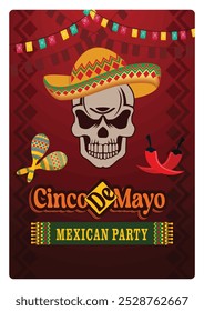 Skull wearing a sombrero with maracas and red peppers. Cinco de Mayo celebration. Cinco de Mayo concept. Flat vector illustration.