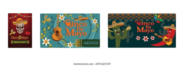 Skull wearing a sombrero with maracas and red peppers. Traditional music party with maracas and guitars. Cinco de Mayo celebration with typical Mexican plants and food. Cinco de Mayo concept.