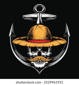 skull wearing straw hat with anchor