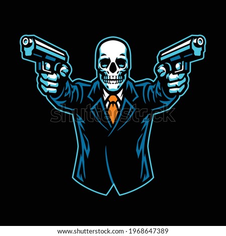 skull wearing suit aiming the guns