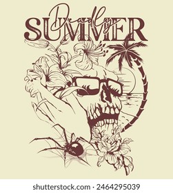 Skull wearing sunglass, beautiful woman hand, deadly spider, palm tree, setting sun, sea and grunge typography it is all together.