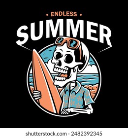 Skull wearing sunglasses and Hawaiian shirt carrying a surfboard, For t-shirts, stickers and other similar products.