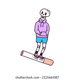 Skull wearing sweater riding a cigarette, illustration for t-shirt, sticker, or apparel merchandise. With doodle, retro, and cartoon style.
