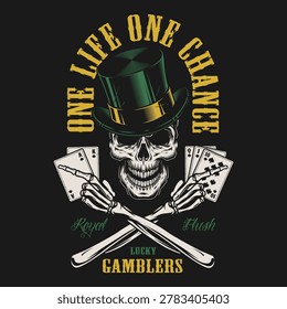 A skull wearing a top hat holds playing cards in a design meant for gamblers. The art features bold letters that emphasize luck and taking chances. The colors are dark and vibrant.