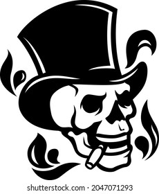 The skull wearing a top hat smoking a cigar