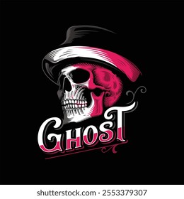 A skull wearing a top hat, with the word "Ghost" underneath.