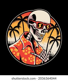 skull wearing trendy sunglasses on sunset background. For t-shirts, stickers and other similar products.