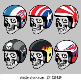 skull wearing various  retro helmet