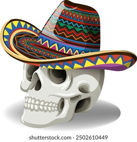 Skull wearing a vibrant, patterned sombrero