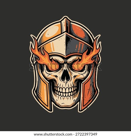 A skull wearing a warrior helmet with flames emanating from its eye sockets.