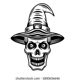 Skull wearing witch hat character. Vector graphic object or design element in vintage monochrome style isolated on white background
