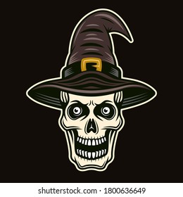 Skull wearing witch hat character. Colorful vector illustration in cartoon style isolated on dark background