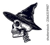 skull wearing a witch hat Halloween sketch, side view vector skeleton