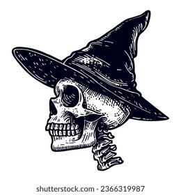 skull wearing a witch hat Halloween sketch, side view vector skeleton