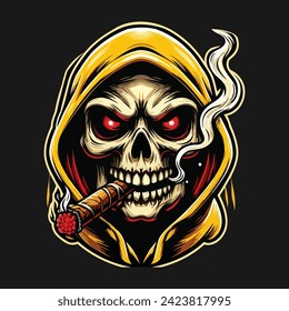 skull wearing yellow hoodie with a cigar on mouth