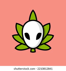 Skull With Weed Leaf Cartoon, Flat Design Style