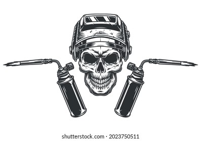 Calavera en mascarilla de soldadura y quemadores de gas en ilustraciones vectoriales aisladas de estilo monocromo vintage