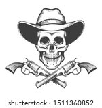 Skull in a western hat and a pair of crossed hand guns drawn in tattoo style. Vector illustration.