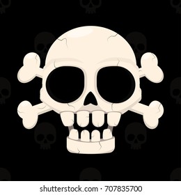 Skull. White skull with bones on a dark background. Vector illustration
