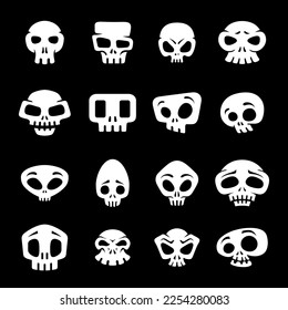 Skull white cartoon Halloween horror human skeleton icon set vector flat illustration. Dead bone head different shape gothic danger symbol anatomy monster scary devil face dying toxic crossbones